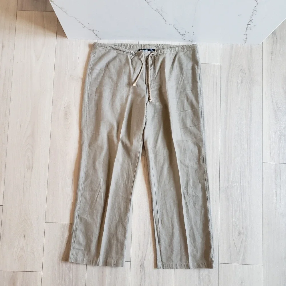 Indeed Linen Pants Womens L Tan Wide Leg Vintage Drawstring Trouser